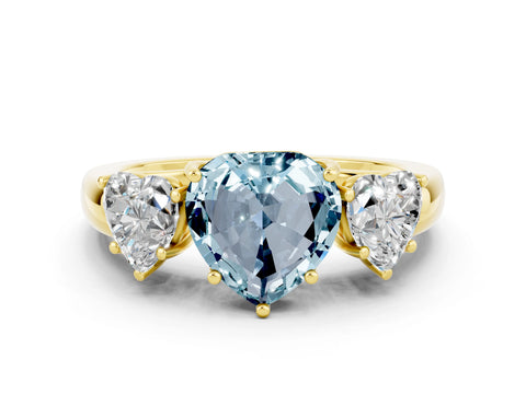 Yellow gold Heart Cut Aquamarine Three-Stone Ring with Four-Prong Setting and Classic Band