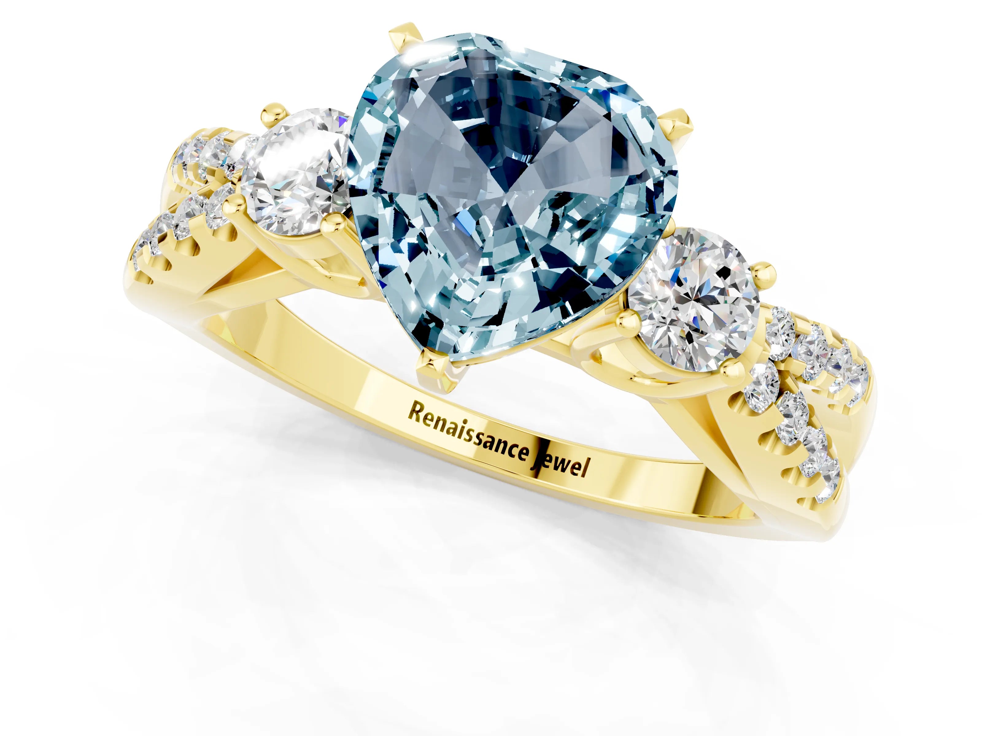 Yellow gold Heart Cut Aquamarine Three-Stone Ring with Pavé Split Shank and Four-Prong Setting_1