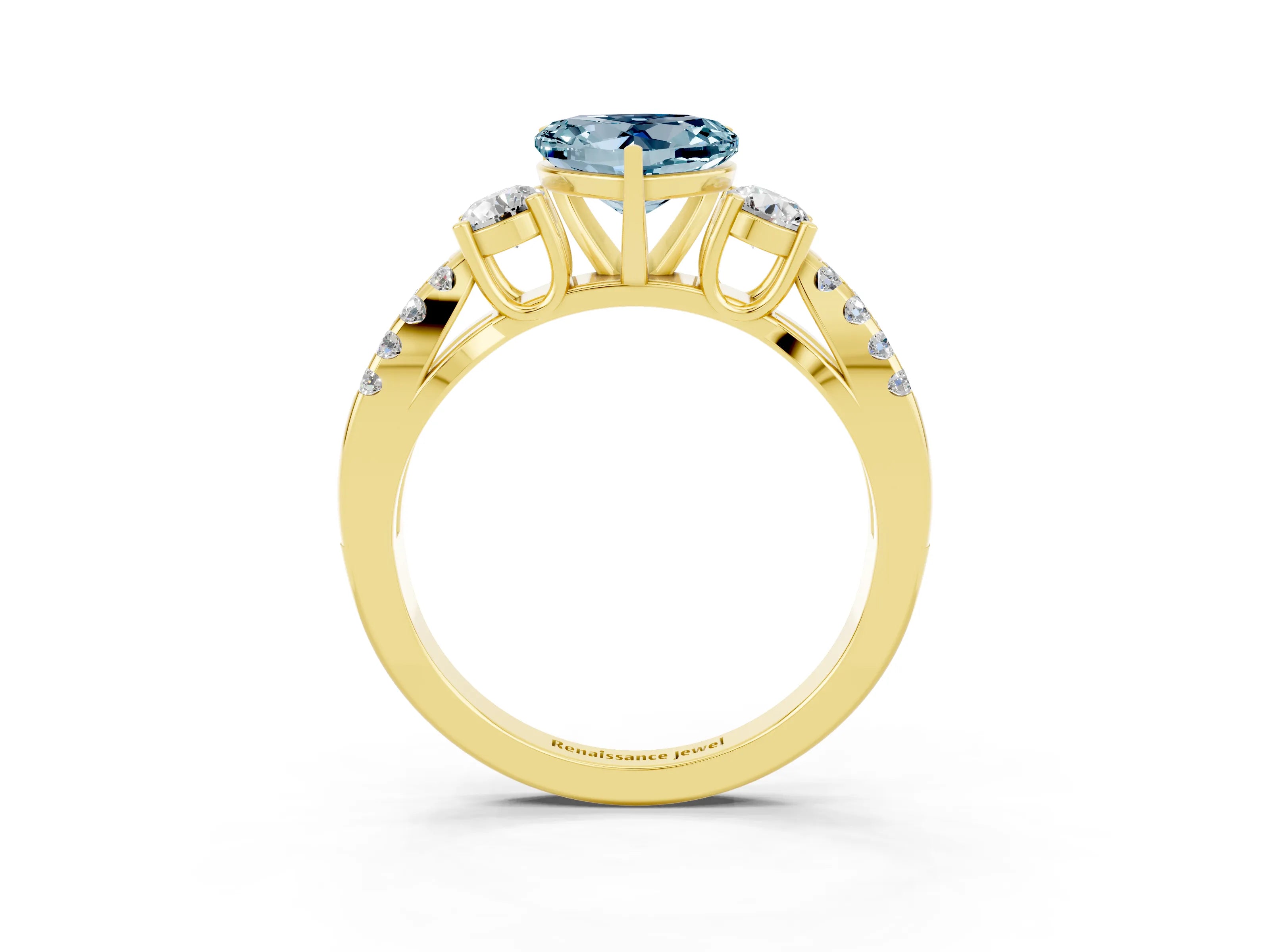 Yellow gold Heart Cut Aquamarine Three-Stone Ring with Pavé Split Shank and Four-Prong Setting_3