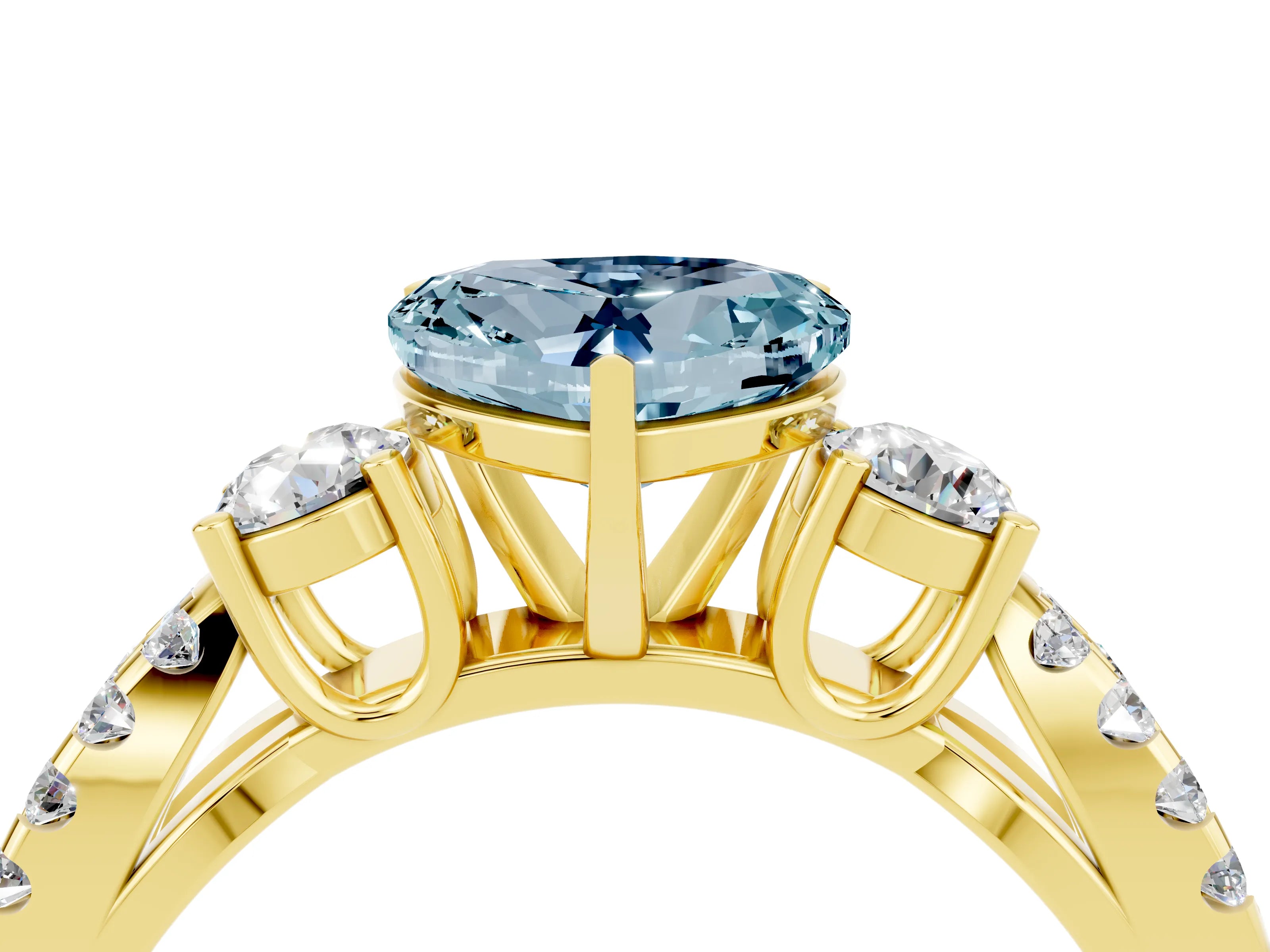 Yellow gold Heart Cut Aquamarine Three-Stone Ring with Pavé Split Shank and Four-Prong Setting_4