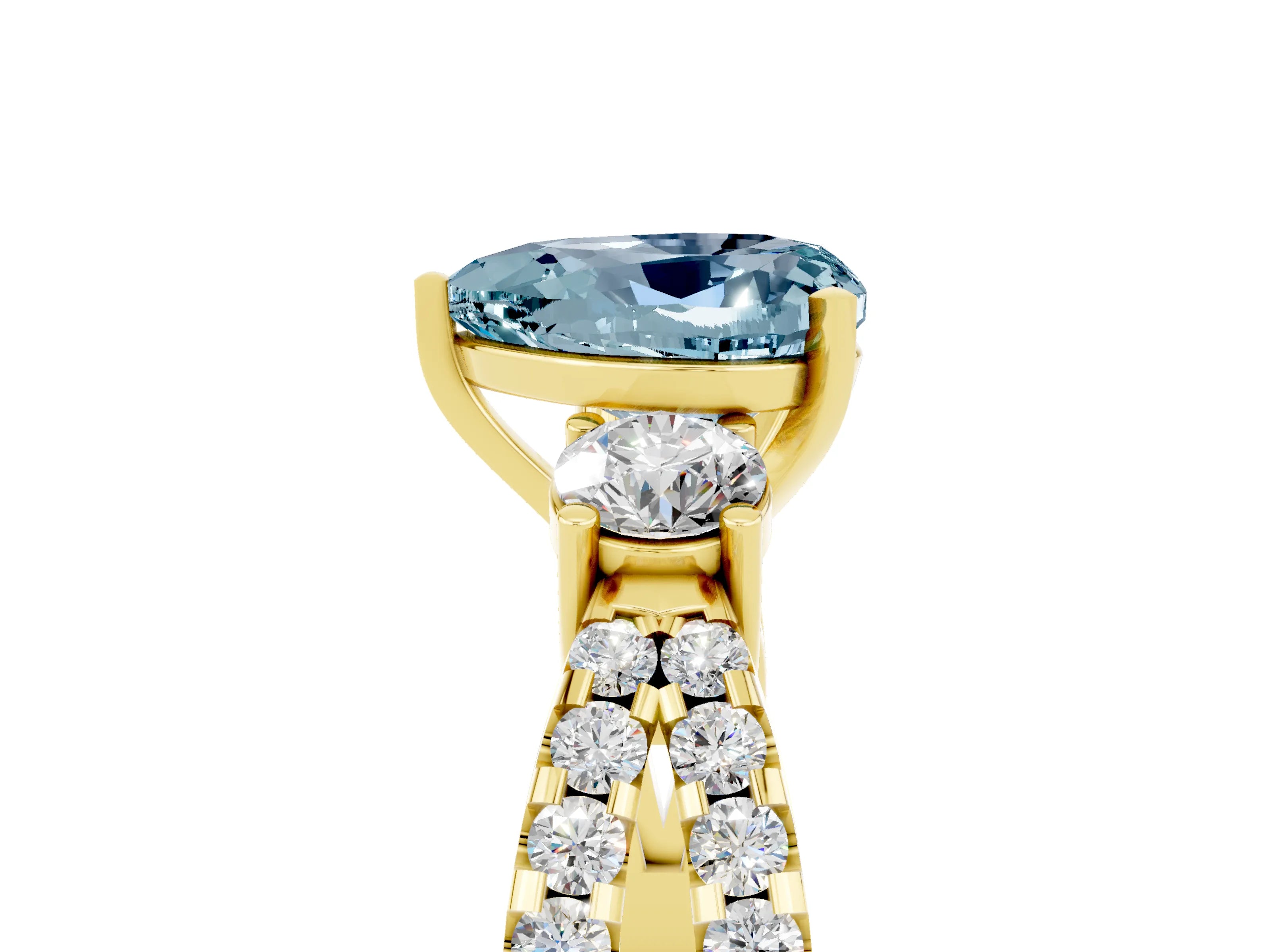 Yellow gold Heart Cut Aquamarine Three-Stone Ring with Pavé Split Shank and Four-Prong Setting_5