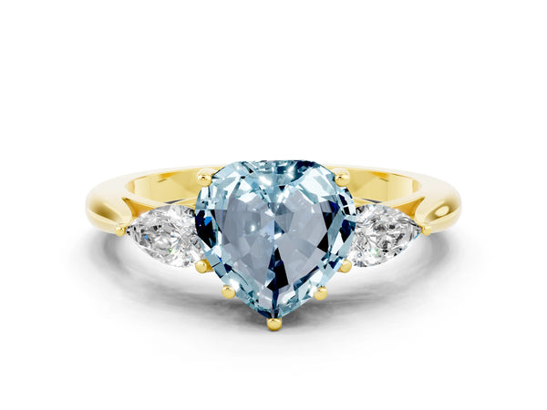 Yellow gold Heart Cut Aquamarine Three-Stone Ring with Pear  Side Stones and Prong Setting