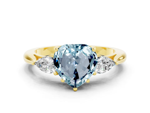 Yellow gold Heart Cut Aquamarine Three-Stone Ring with Pear Side Stones and Four-Prong Setting_12