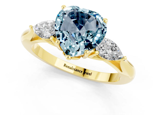 Yellow gold Heart Cut Aquamarine Three-Stone Ring with Pear  Side Stones and Prong Setting