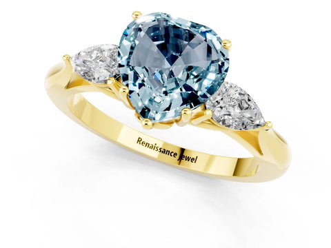 Yellow gold Heart Cut Aquamarine Three-Stone Ring with Pear Side Stones and Four-Prong Setting_13