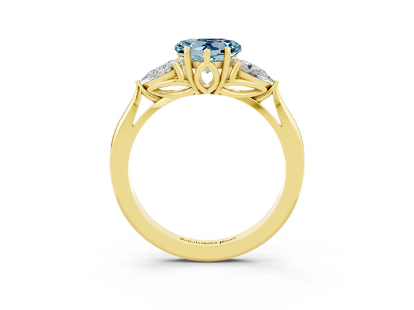 Yellow gold Heart Cut Aquamarine Three-Stone Ring with Pear  Side Stones and Prong Setting