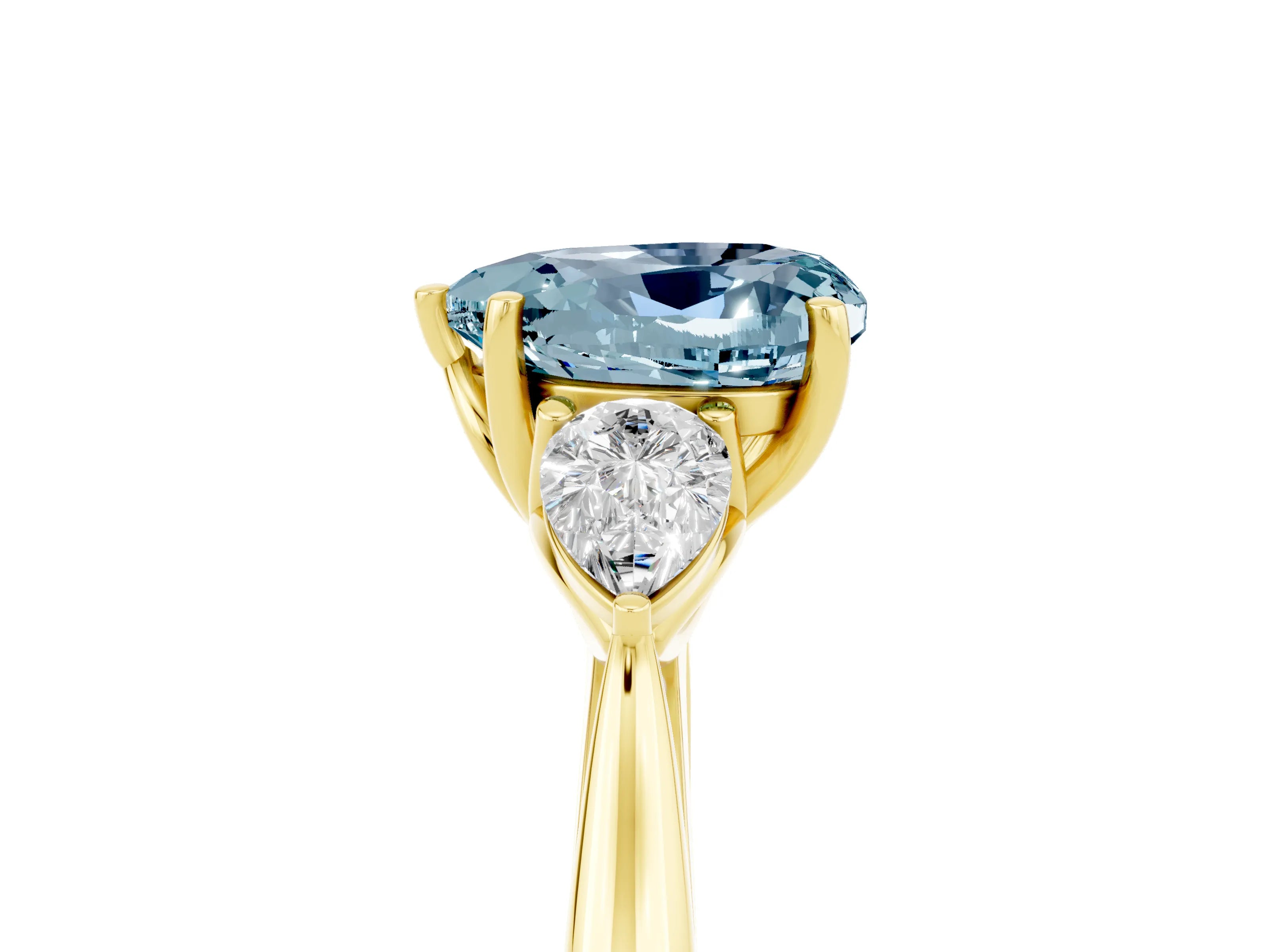 Yellow gold Heart Cut Aquamarine Three-Stone Ring with Pear Side Stones and Four-Prong Setting_17