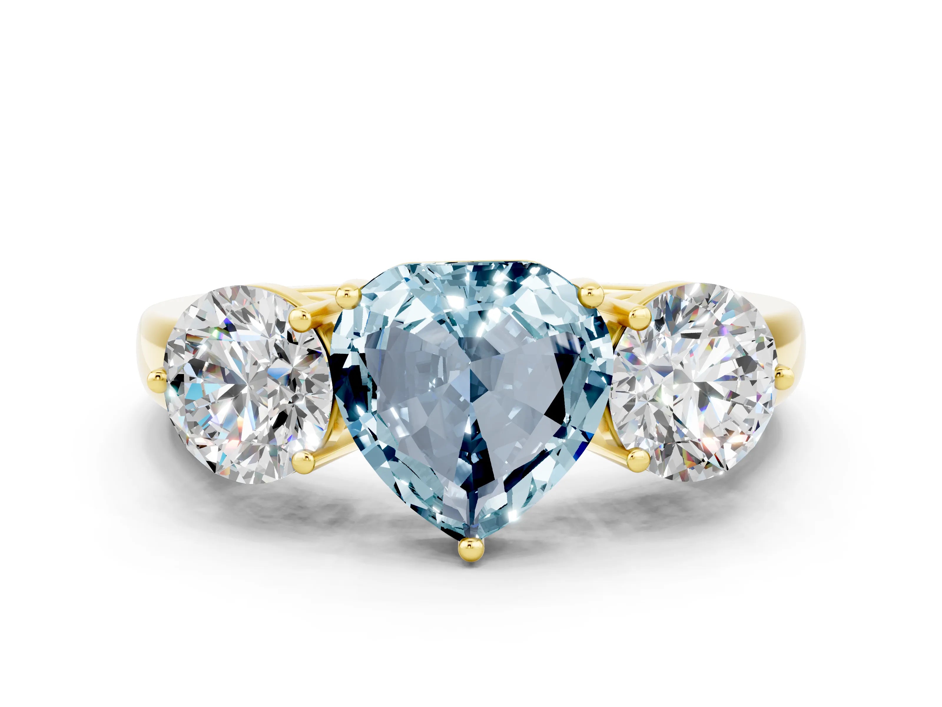 Yellow gold Heart Cut Aquamarine Three-Stone Ring with Prong Setting and Classic Band