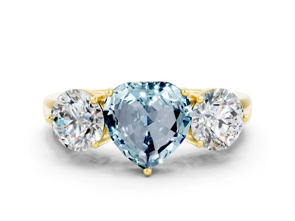 Yellow gold Heart Cut Aquamarine Three-Stone Ring with Prong Setting and Classic Band