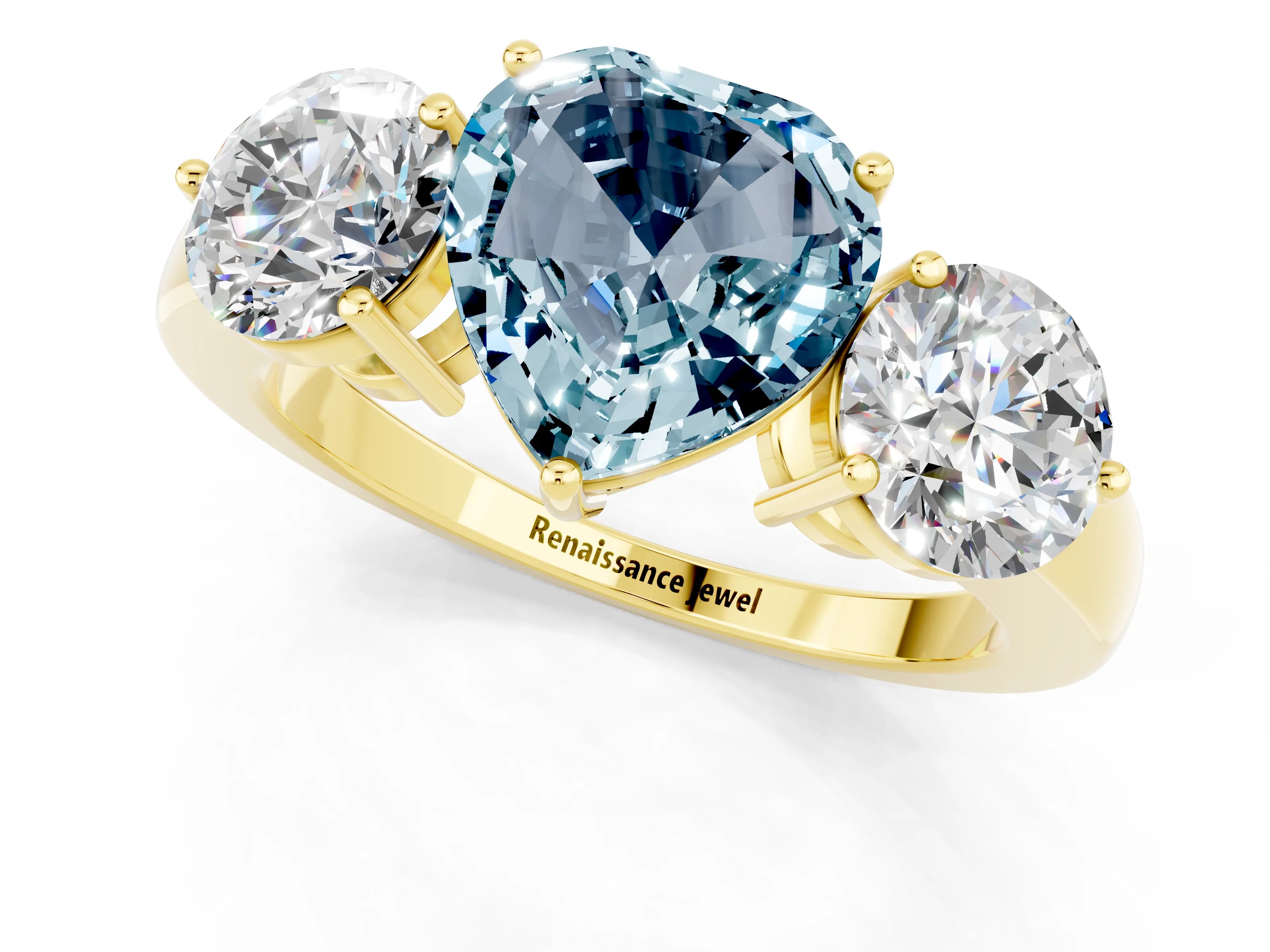 Yellow gold Heart Cut Aquamarine Three-Stone Ring with Prong Setting and Classic Band_1