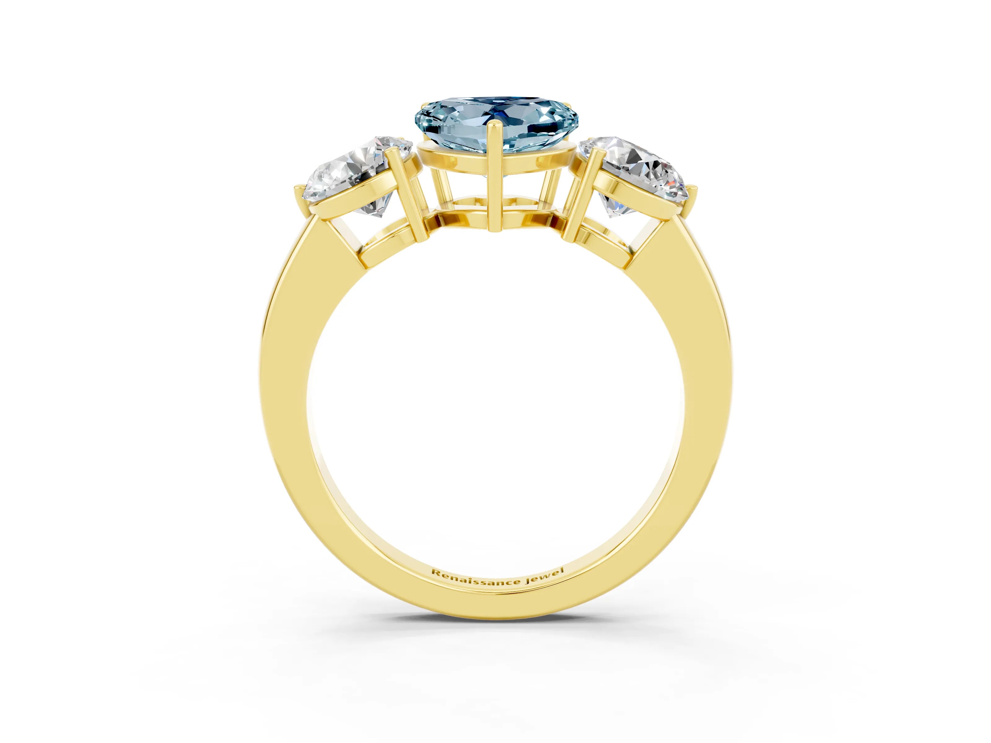Yellow gold Heart Cut Aquamarine Three-Stone Ring with Prong Setting and Classic Band_3