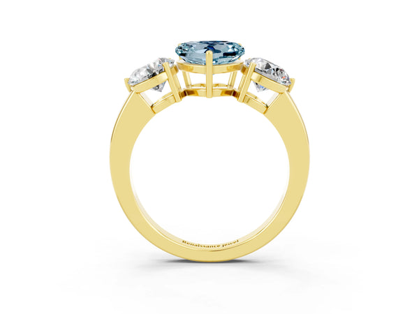 Yellow gold Heart Cut Aquamarine Three-Stone Ring with Prong Setting and Classic Band
