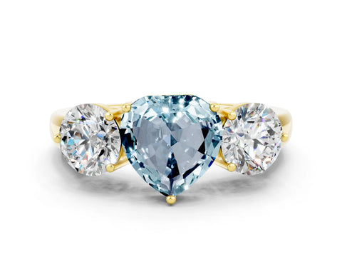 Yellow gold Heart Cut Aquamarine Three-Stone Ring with Prong Setting and Classic Band