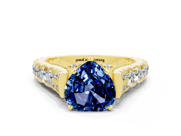 Yellow gold Heart Cut Blue Sapphire Classic Solitaire Ring with Pavé Band and Four-Prong Setting