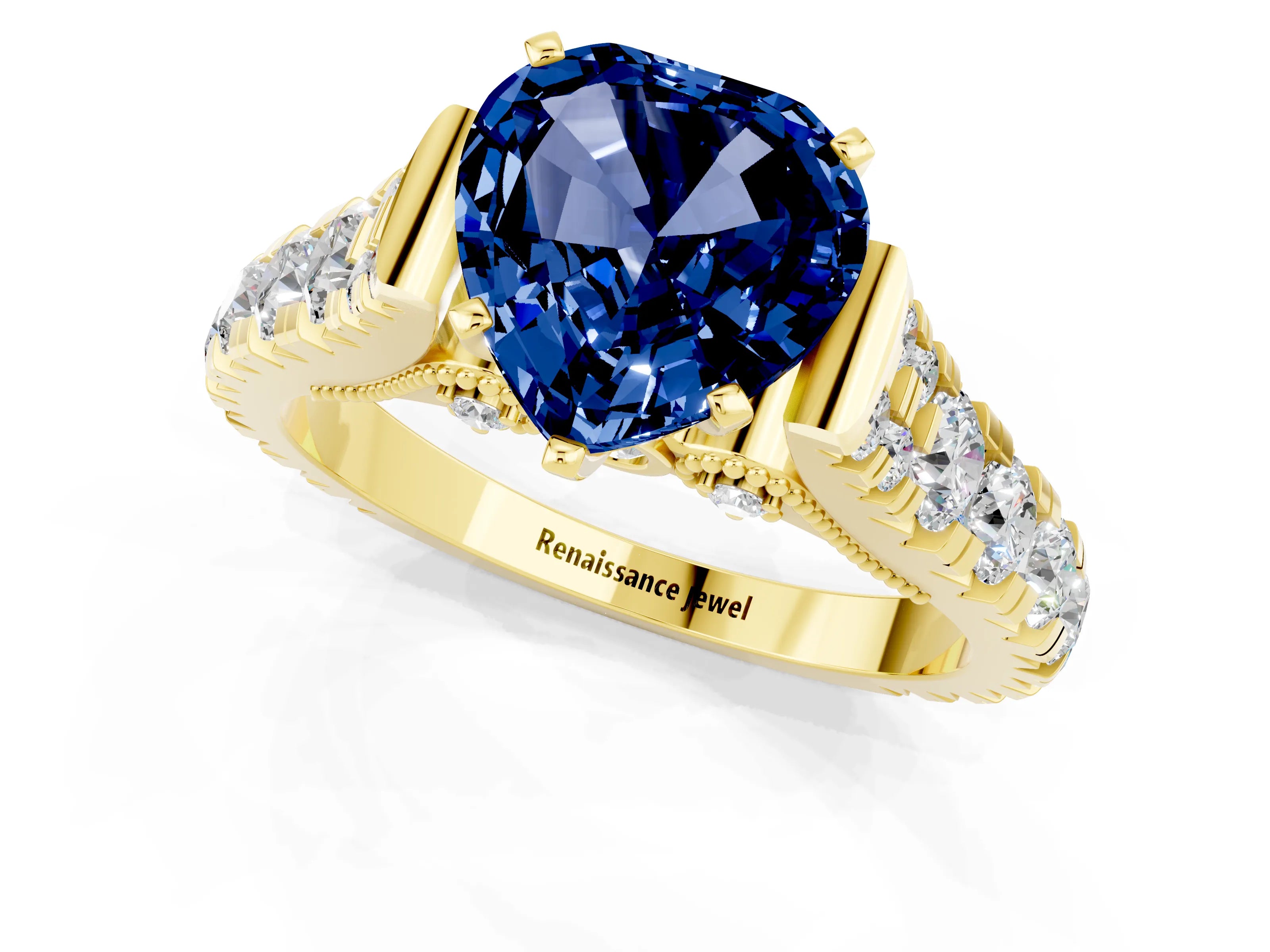 Yellow gold Heart Cut Blue Sapphire Classic Solitaire Ring with Pavé Band and Four-Prong Setting_1