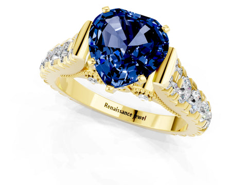 Yellow gold Heart Cut Blue Sapphire Classic Solitaire Ring with Pavé Band and Four-Prong Setting_1