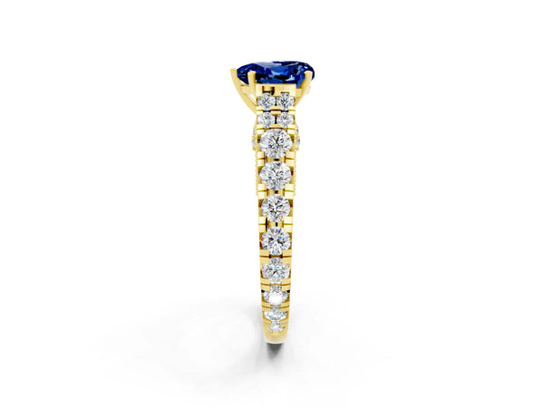 Yellow gold Heart Cut Blue Sapphire Classic Solitaire Ring with Pavé Band and Four-Prong Setting