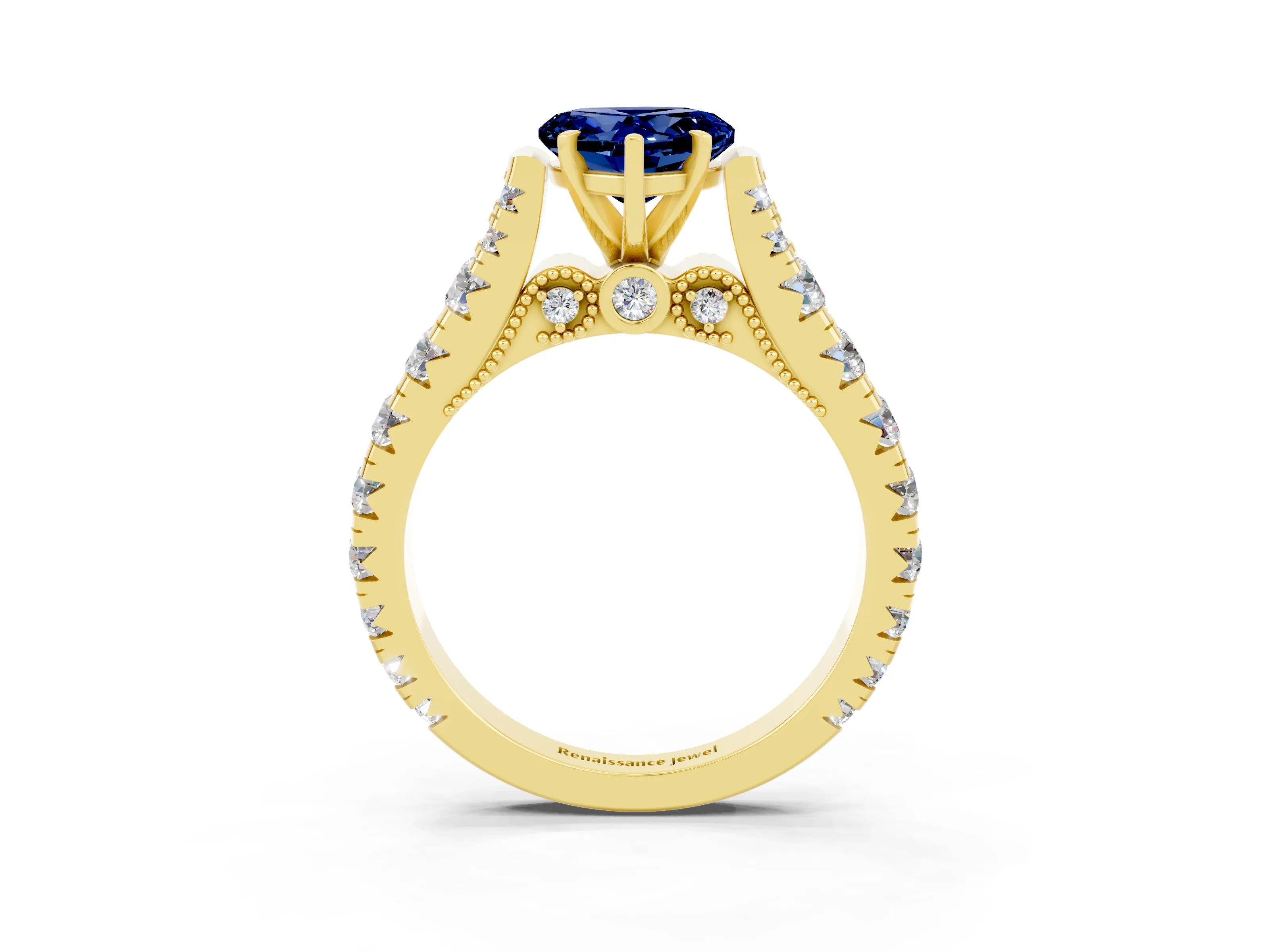 Yellow gold Heart Cut Blue Sapphire Classic Solitaire Ring with Pavé Band and Four-Prong Setting_3