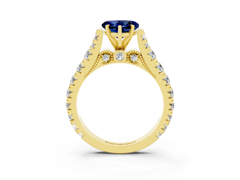 Yellow gold Heart Cut Blue Sapphire Classic Solitaire Ring with Pavé Band and Four-Prong Setting_3