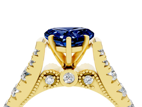 Yellow gold Heart Cut Blue Sapphire Classic Solitaire Ring with Pavé Band and Four-Prong Setting_4