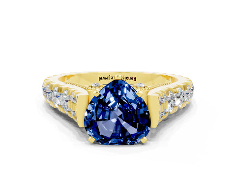 Yellow gold Heart Cut Blue Sapphire Classic Solitaire Ring with Pavé Band and Four-Prong Setting