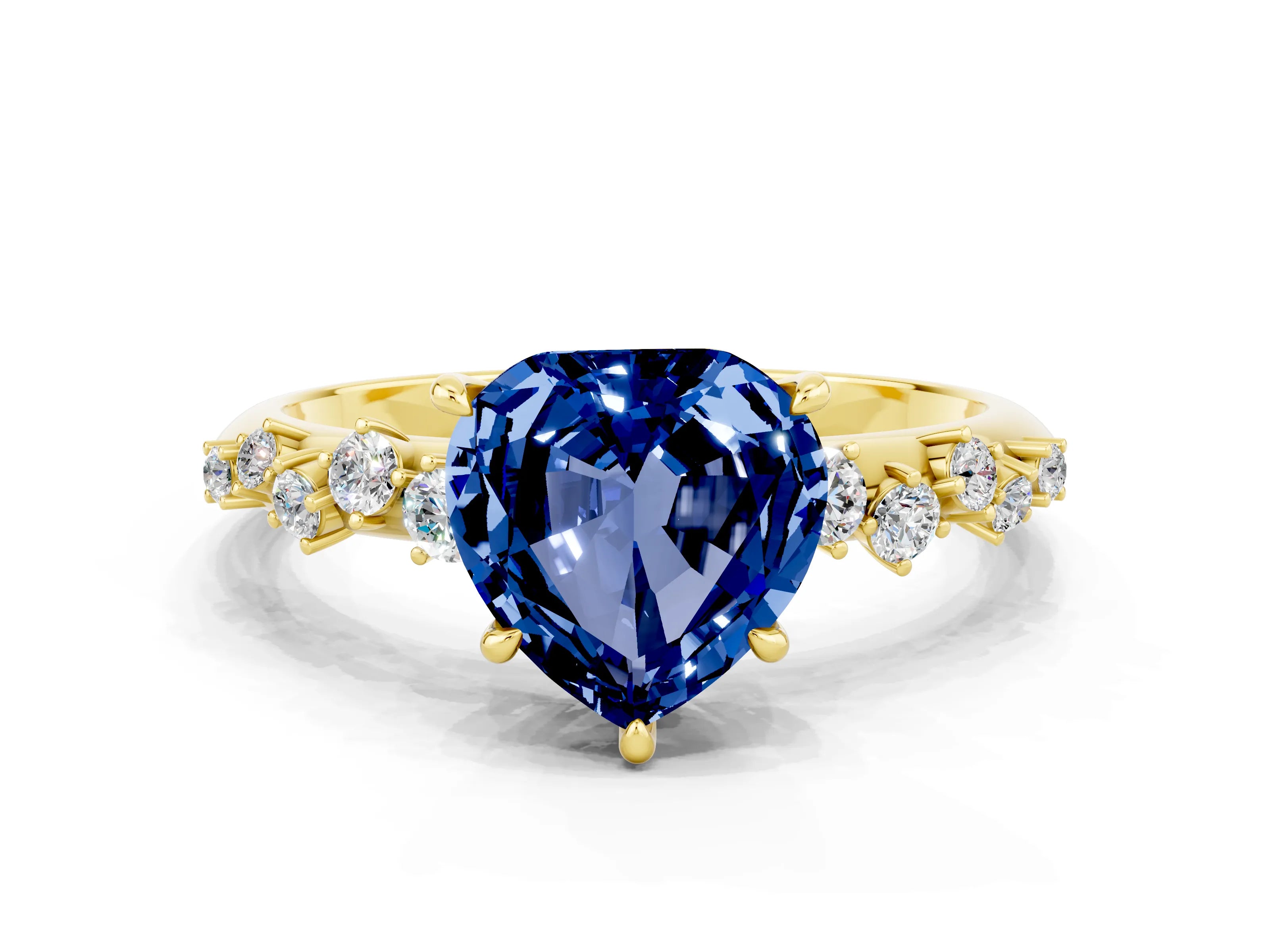 Yellow gold Heart Cut Blue Sapphire Cluster Side Stone Solitaire Ring with Prong Setting_24