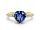 Yellow gold Heart Cut Blue Sapphire Cluster Side Stone Solitaire Ring with Prong Setting_24