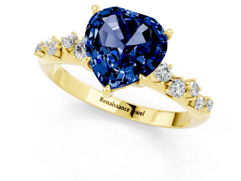 Yellow gold Heart Cut Blue Sapphire Cluster Side Stone Solitaire Ring with Prong Setting_25