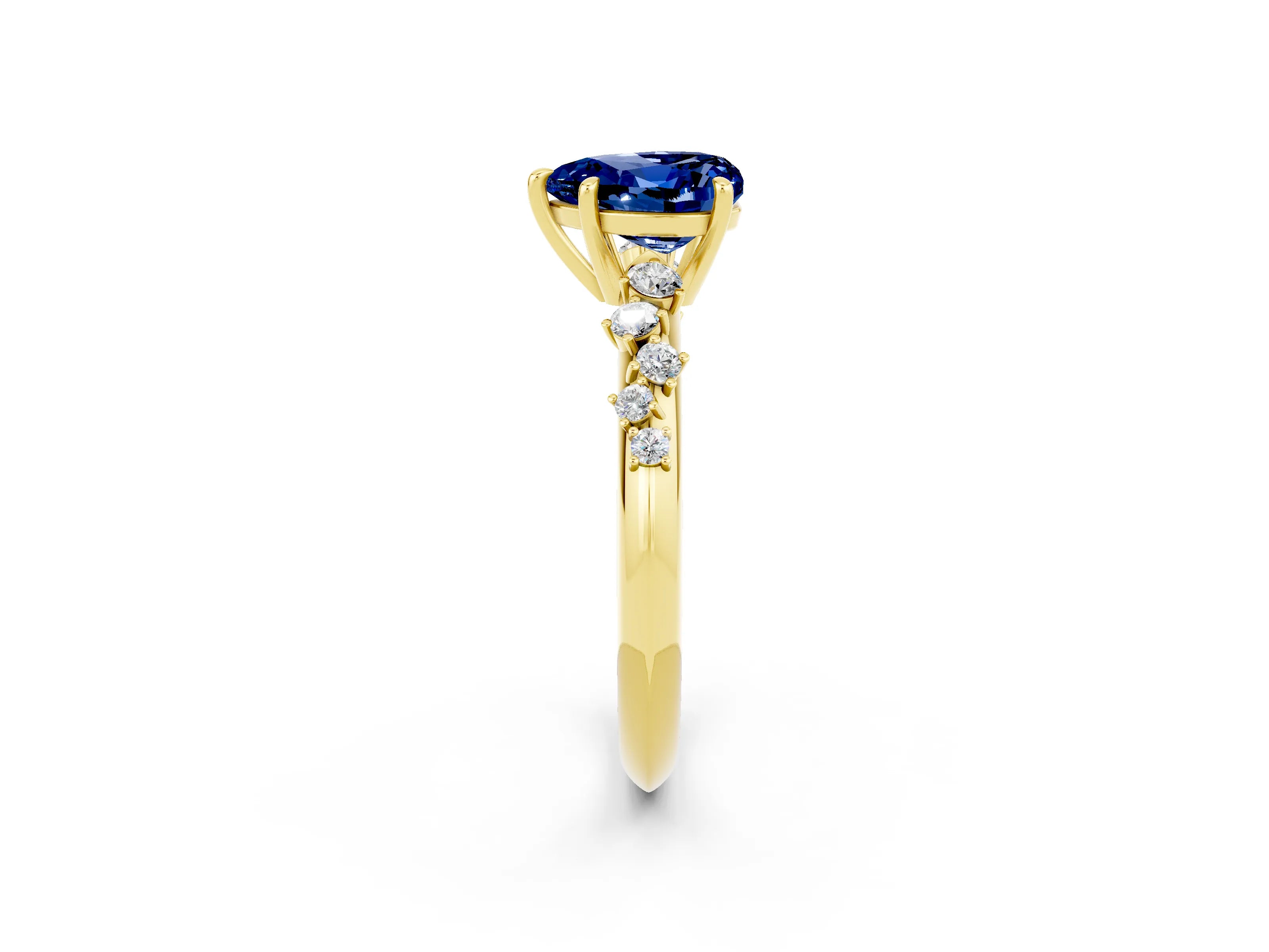 Yellow gold Heart Cut Blue Sapphire Cluster Side Stone Solitaire Ring with Prong Setting_26
