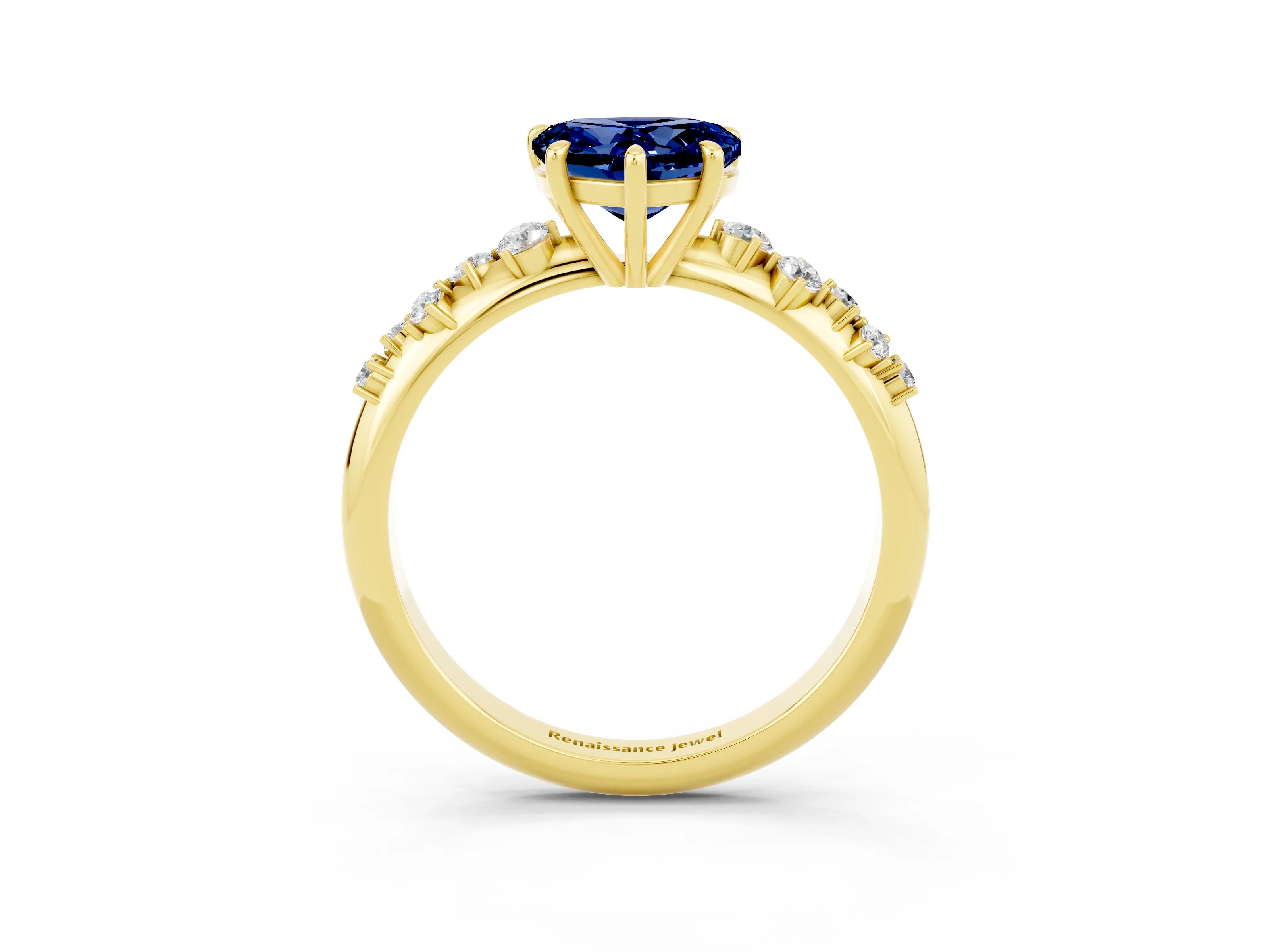 Yellow gold Heart Cut Blue Sapphire Cluster Side Stone Solitaire Ring with Prong Setting_27
