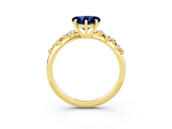 Yellow gold Heart Cut Blue Sapphire Cluster Side Stone Solitaire Ring with Prong Setting