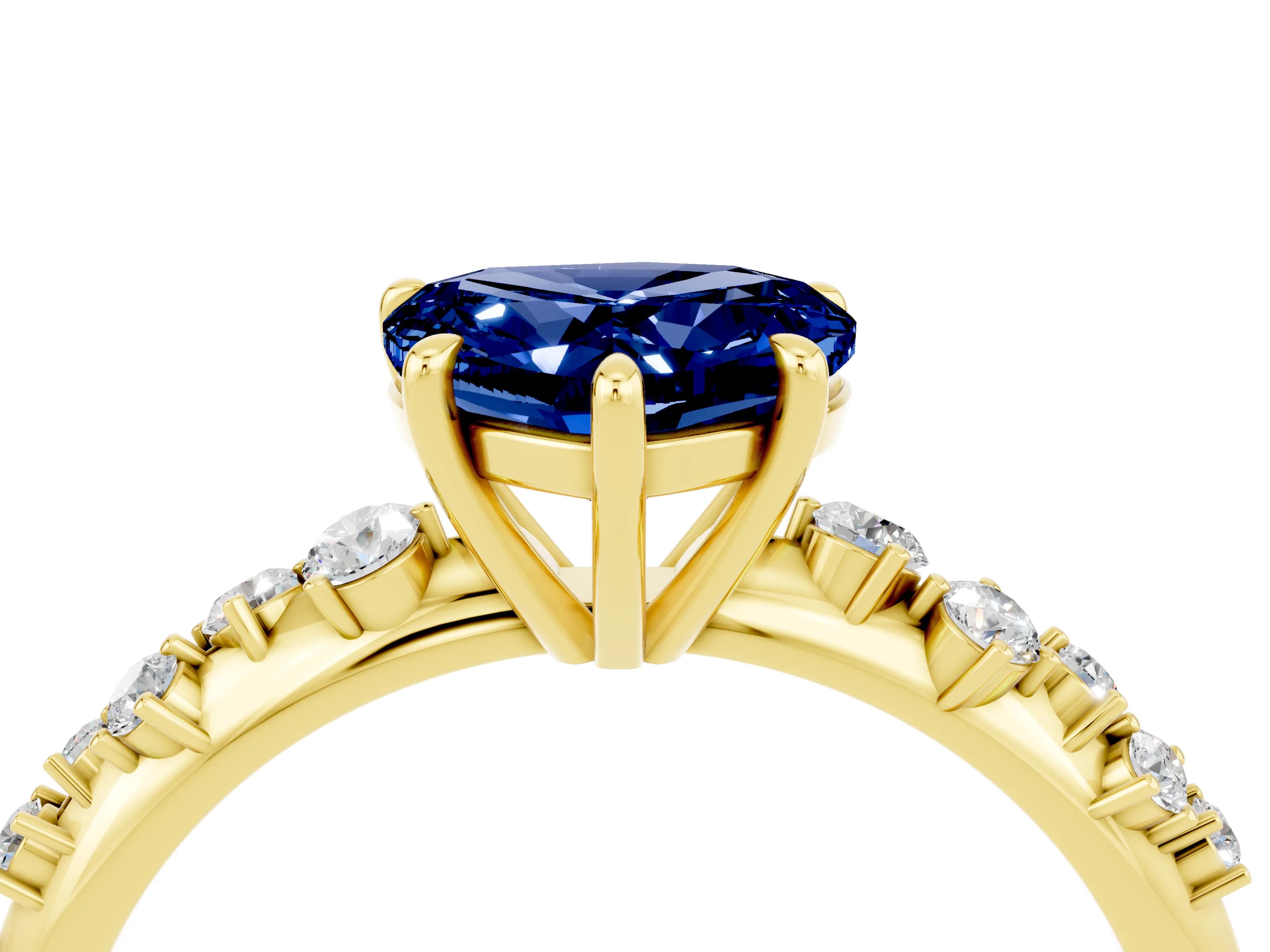 Yellow gold Heart Cut Blue Sapphire Cluster Side Stone Solitaire Ring with Prong Setting_28
