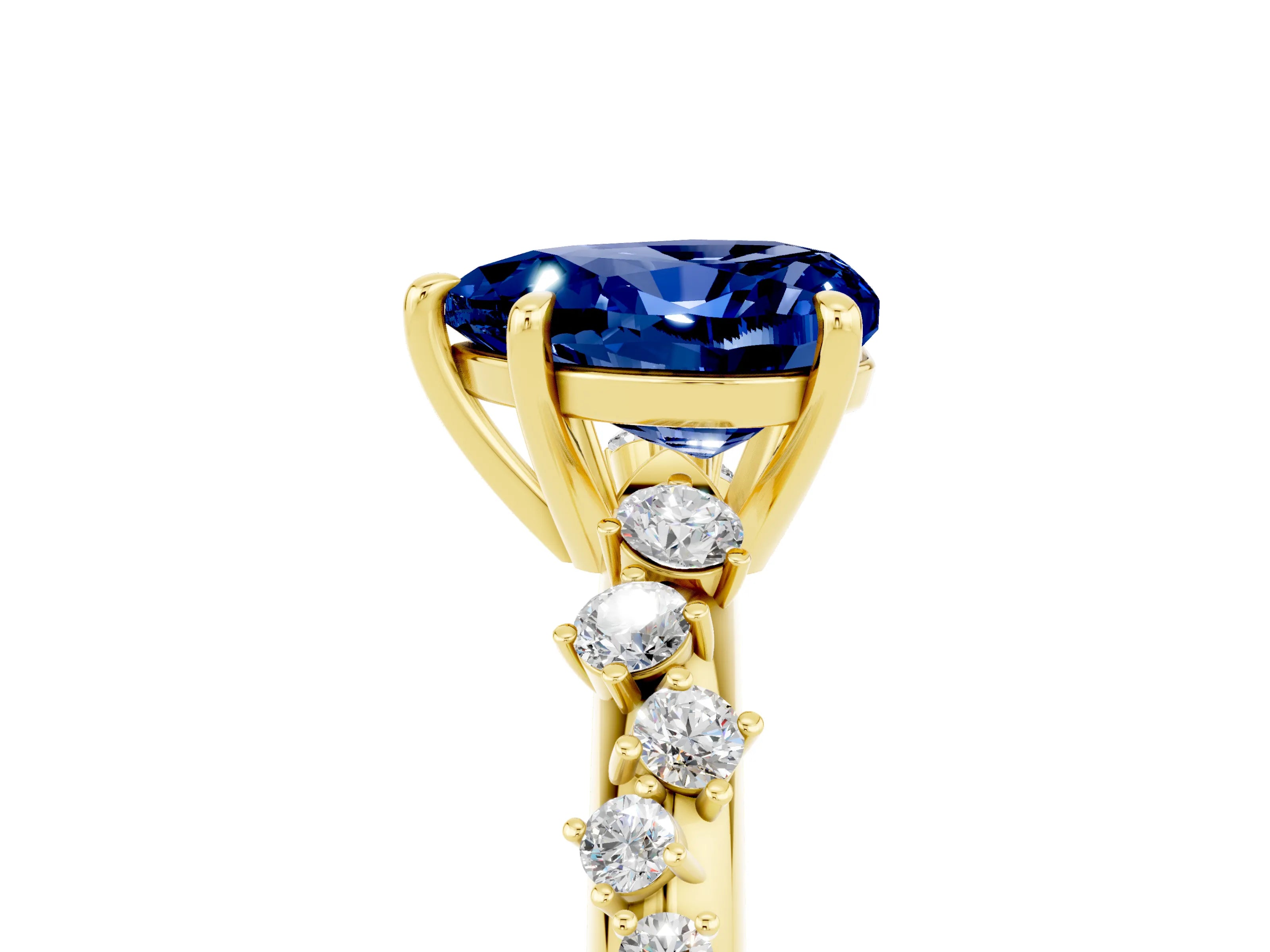 Yellow gold Heart Cut Blue Sapphire Cluster Side Stone Solitaire Ring with Prong Setting_29