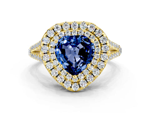 Yellow gold Heart Cut Blue Sapphire Double Halo Ring with Pavé Band and Prong Setting_12