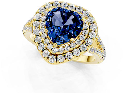 Yellow gold Heart Cut Blue Sapphire Double Halo Ring with Pavé Band and Prong Setting_13