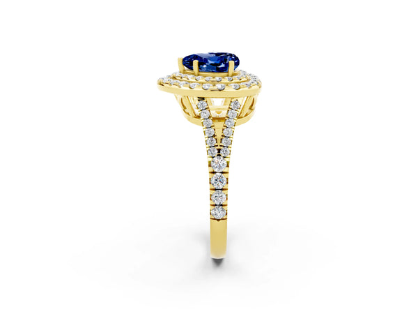 Yellow gold Heart Cut Blue Sapphire Double Halo Ring with Pavé Band and Prong Setting