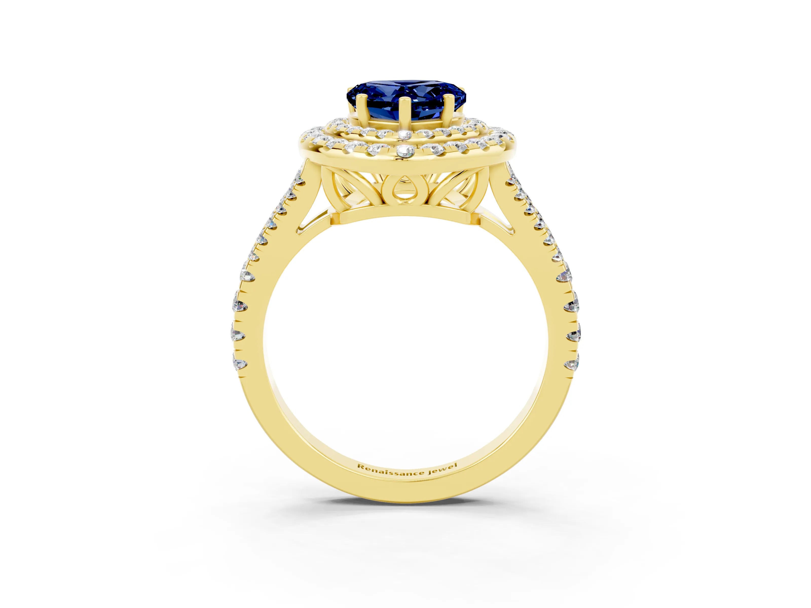 Yellow gold Heart Cut Blue Sapphire Double Halo Ring with Pavé Band and Prong Setting_15