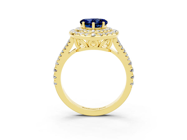 Yellow gold Heart Cut Blue Sapphire Double Halo Ring with Pavé Band and Prong Setting