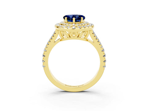 Yellow gold Heart Cut Blue Sapphire Double Halo Ring with Pavé Band and Prong Setting_15