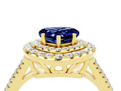 Yellow gold Heart Cut Blue Sapphire Double Halo Ring with Pavé Band and Prong Setting_16
