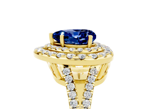 Yellow gold Heart Cut Blue Sapphire Double Halo Ring with Pavé Band and Prong Setting_17