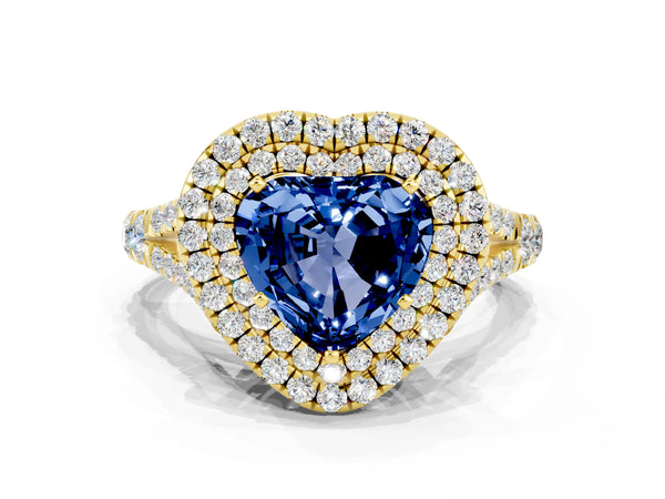 Yellow gold Heart Cut Blue Sapphire Double Halo Ring with Split Shank and Prong Setting