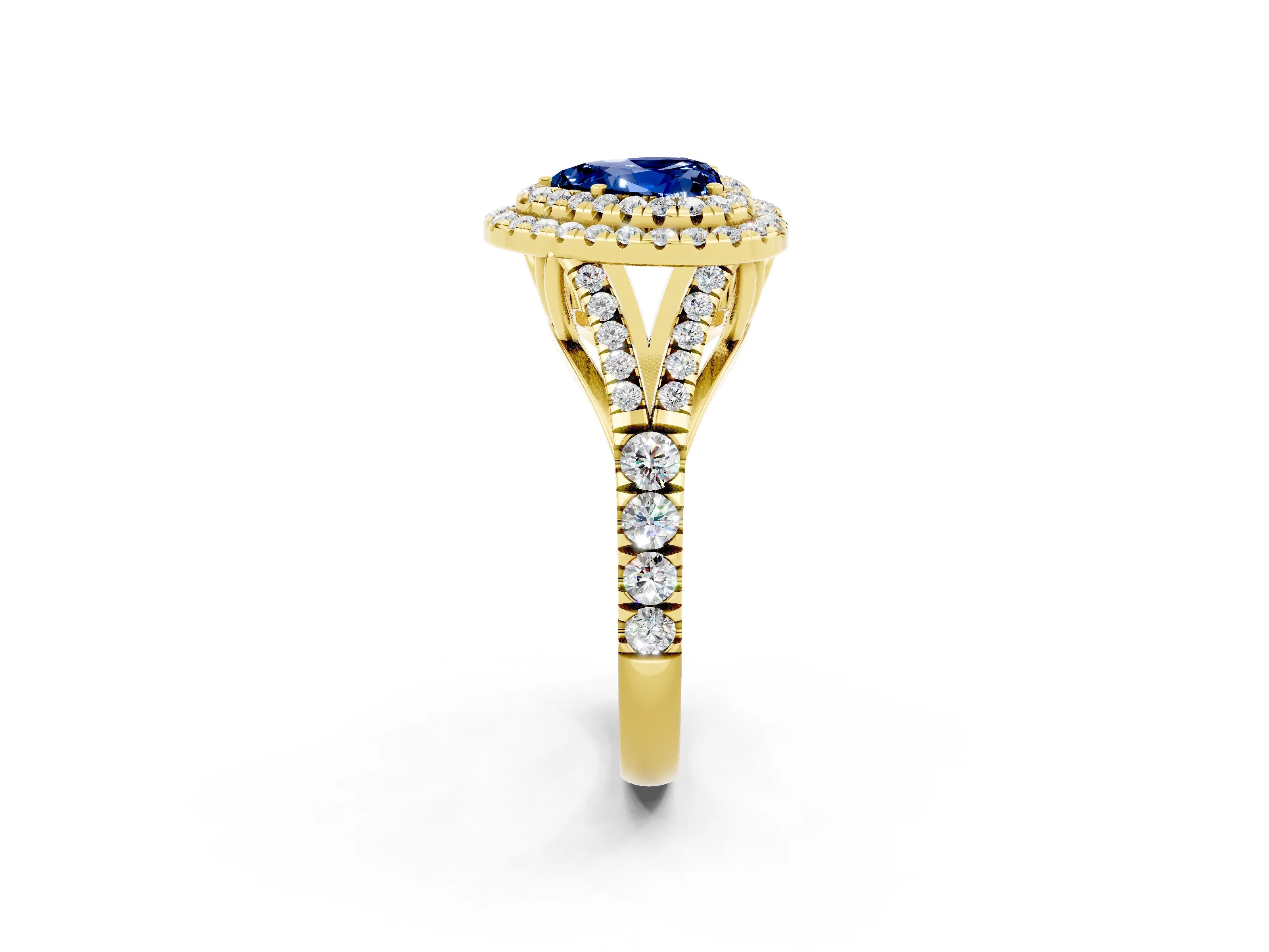 Yellow gold Heart Cut Blue Sapphire Double Halo Ring with Split Shank and Prong Setting_14