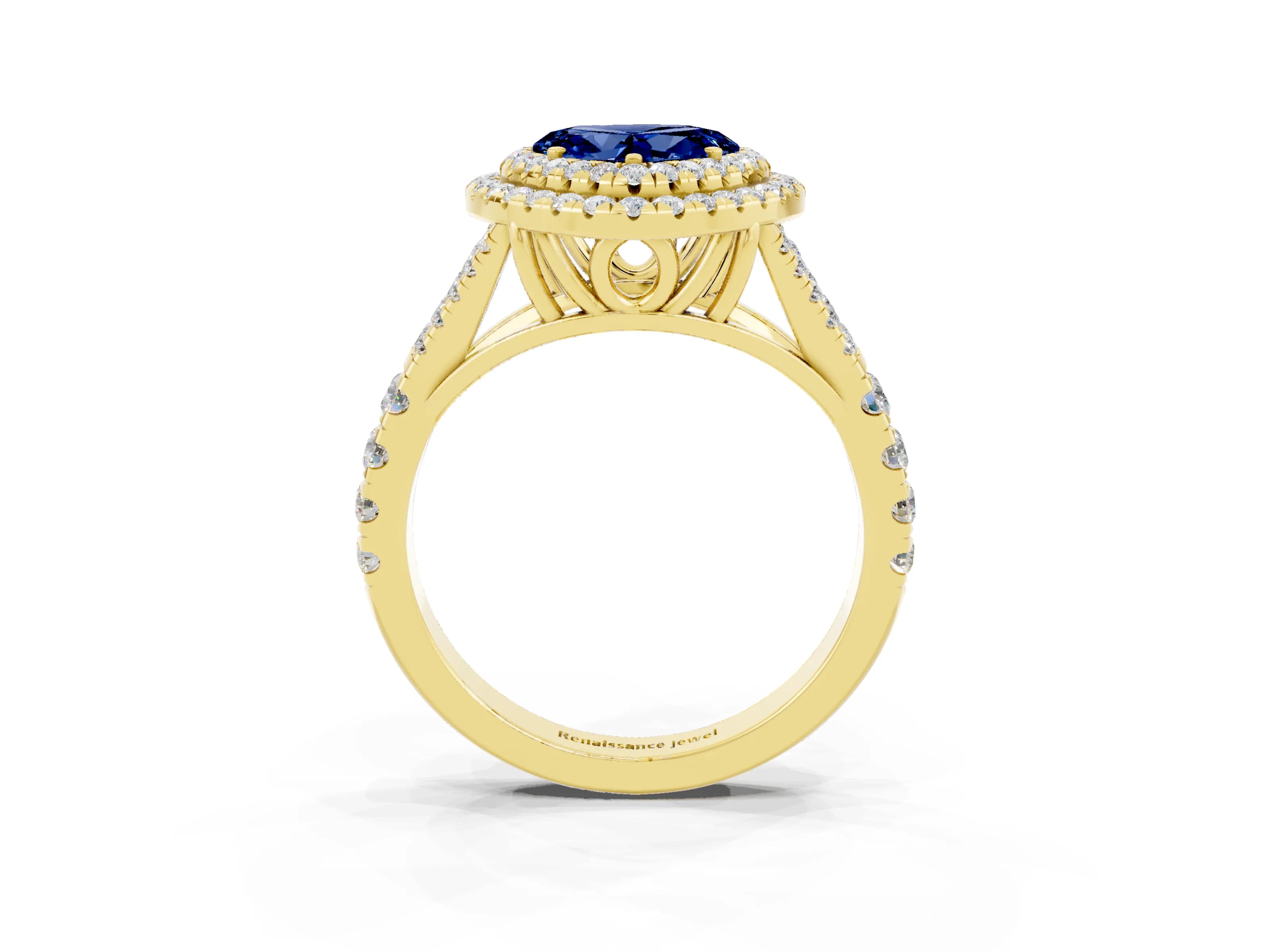 Yellow gold Heart Cut Blue Sapphire Double Halo Ring with Split Shank and Prong Setting_15