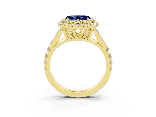 Yellow gold Heart Cut Blue Sapphire Double Halo Ring with Split Shank and Prong Setting
