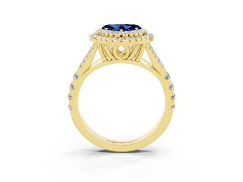 Yellow gold Heart Cut Blue Sapphire Double Halo Ring with Split Shank and Prong Setting_15