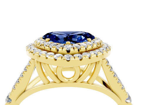 Yellow gold Heart Cut Blue Sapphire Double Halo Ring with Split Shank and Prong Setting_16