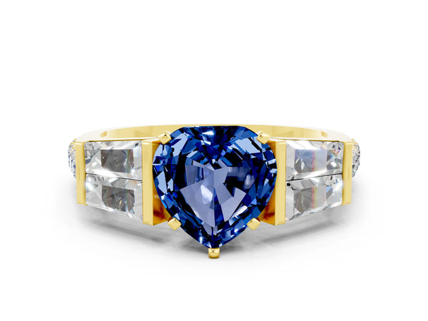 Yellow gold Heart Cut Blue Sapphire Engagement Ring with Baguette Side Stones and Channel Set Band