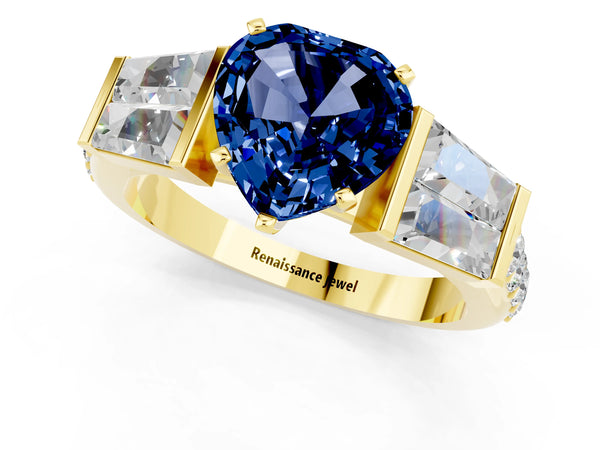 Yellow gold Heart Cut Blue Sapphire Engagement Ring with Baguette Side Stones and Channel Set Band
