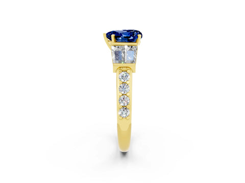 Yellow gold Heart Cut Blue Sapphire Engagement Ring with Baguette Side Stones and Channel Set Band_2